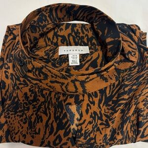 Topshop Women Black/Orange Animal Print Tie-Neck Button-Up Shirt Dress, Sz US 10